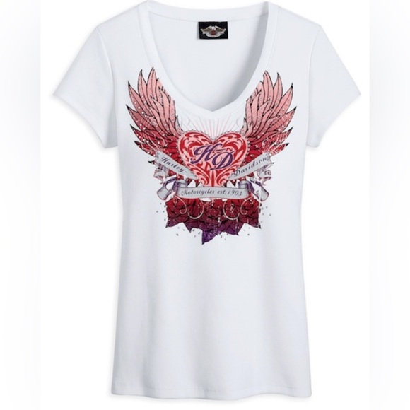 Harley-Davidson Valentines Collection White Graphic Tee Ribbed V-Neck Large Y2K - Picture 1 of 9
